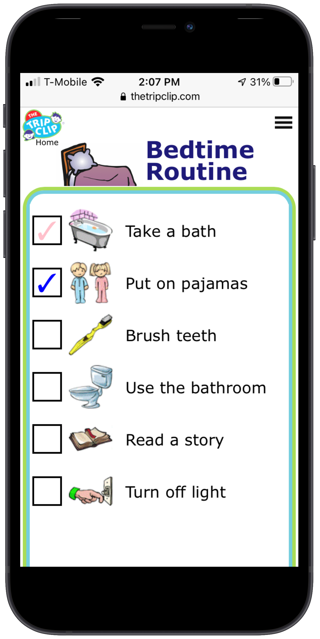 Bedtime routine picture checklist for kids on an iphone